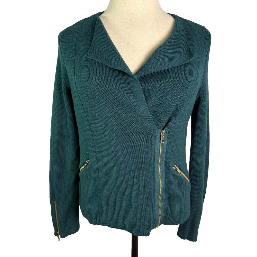 Chicos Womens Size 1 M Teal Green Asymmetric Moto Zip Knit Cardigan Jacket Gold